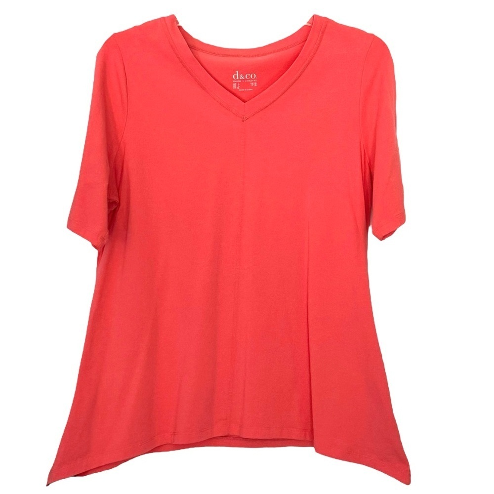 Denim & Co. Sz Large Perfect Jersey Melon V-neck Trapeze Hem Top Cotton/Spandex - Picture 2 of 9